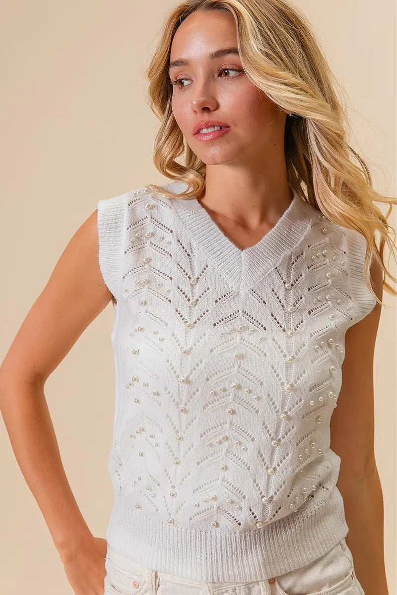 BiBi Chevron Pointelle Pearl Knit Top-2