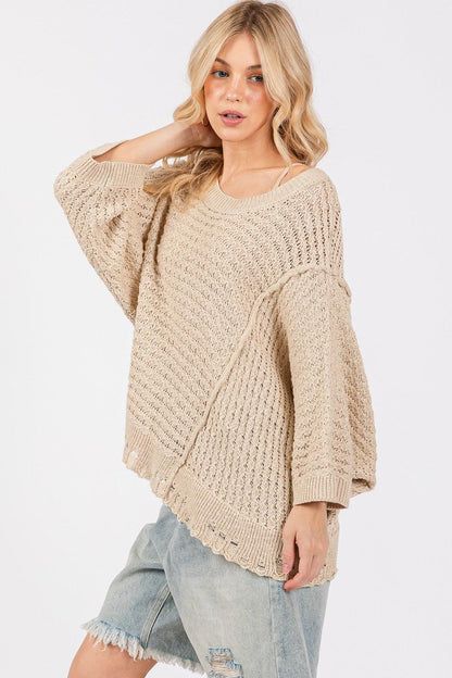 SAGE + FIG Distressed Asymmetrical Open Stitch Sweater-3