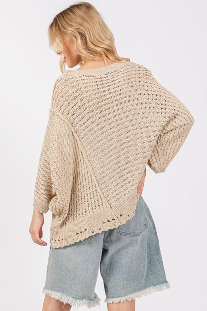 SAGE + FIG Distressed Asymmetrical Open Stitch Sweater-1