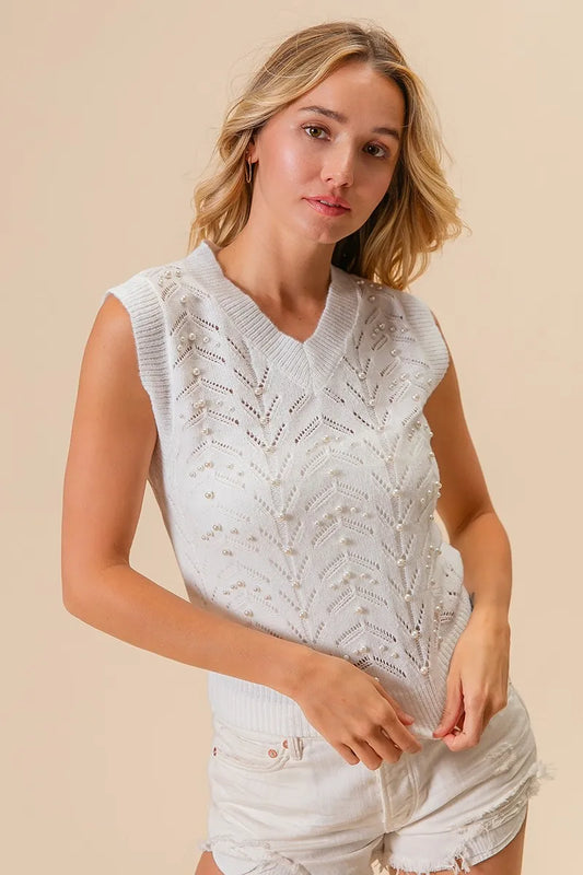 BiBi Chevron Pointelle Pearl Knit Top-0