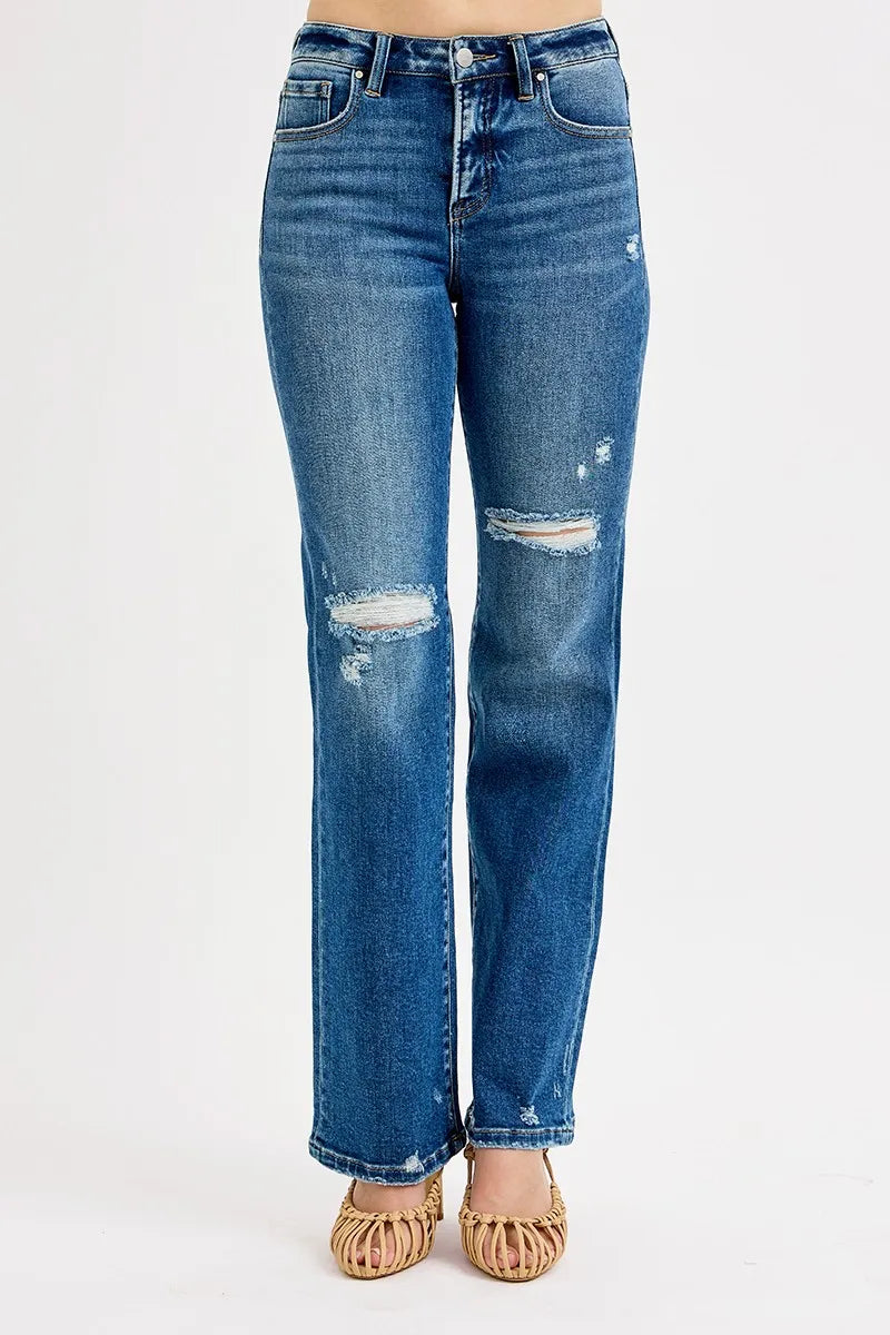 RISEN Full Size Tummy Control High Rise Straight Distressed Jeans Plus Size-1
