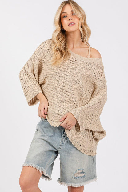 SAGE + FIG Distressed Asymmetrical Open Stitch Sweater-4