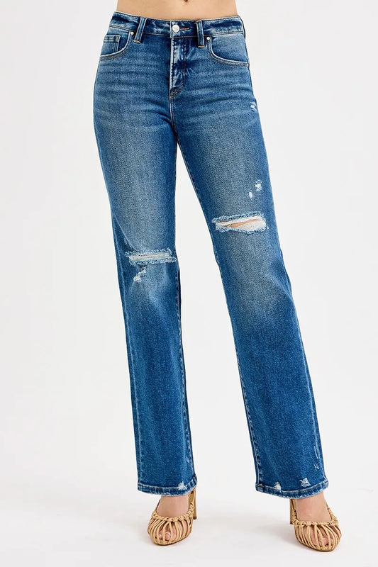 RISEN Full Size Tummy Control High Rise Straight Distressed Jeans Plus Size-0