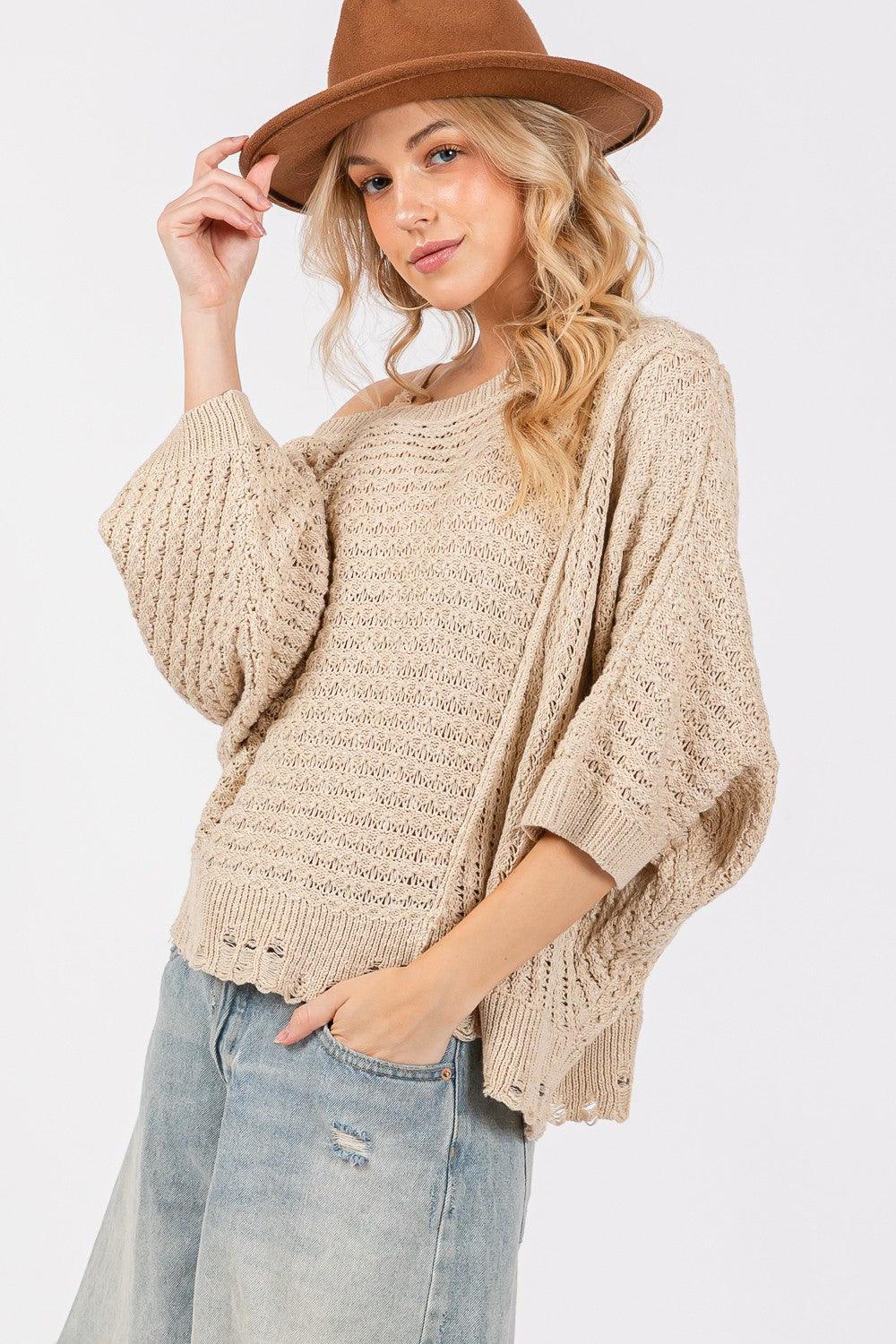 SAGE + FIG Distressed Asymmetrical Open Stitch Sweater-2
