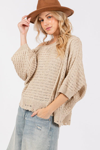 SAGE + FIG Distressed Asymmetrical Open Stitch Sweater-2
