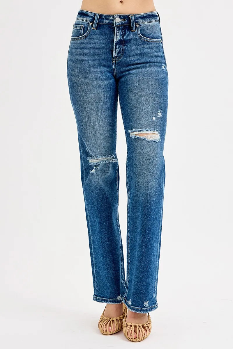 RISEN Full Size Tummy Control High Rise Straight Distressed Jeans Plus Size-2