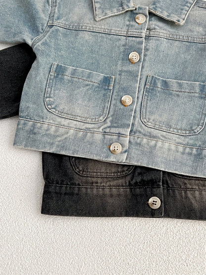 Baby Kids Button Front Design Washed Style Turndown Collar Denim Jacket Coat-4